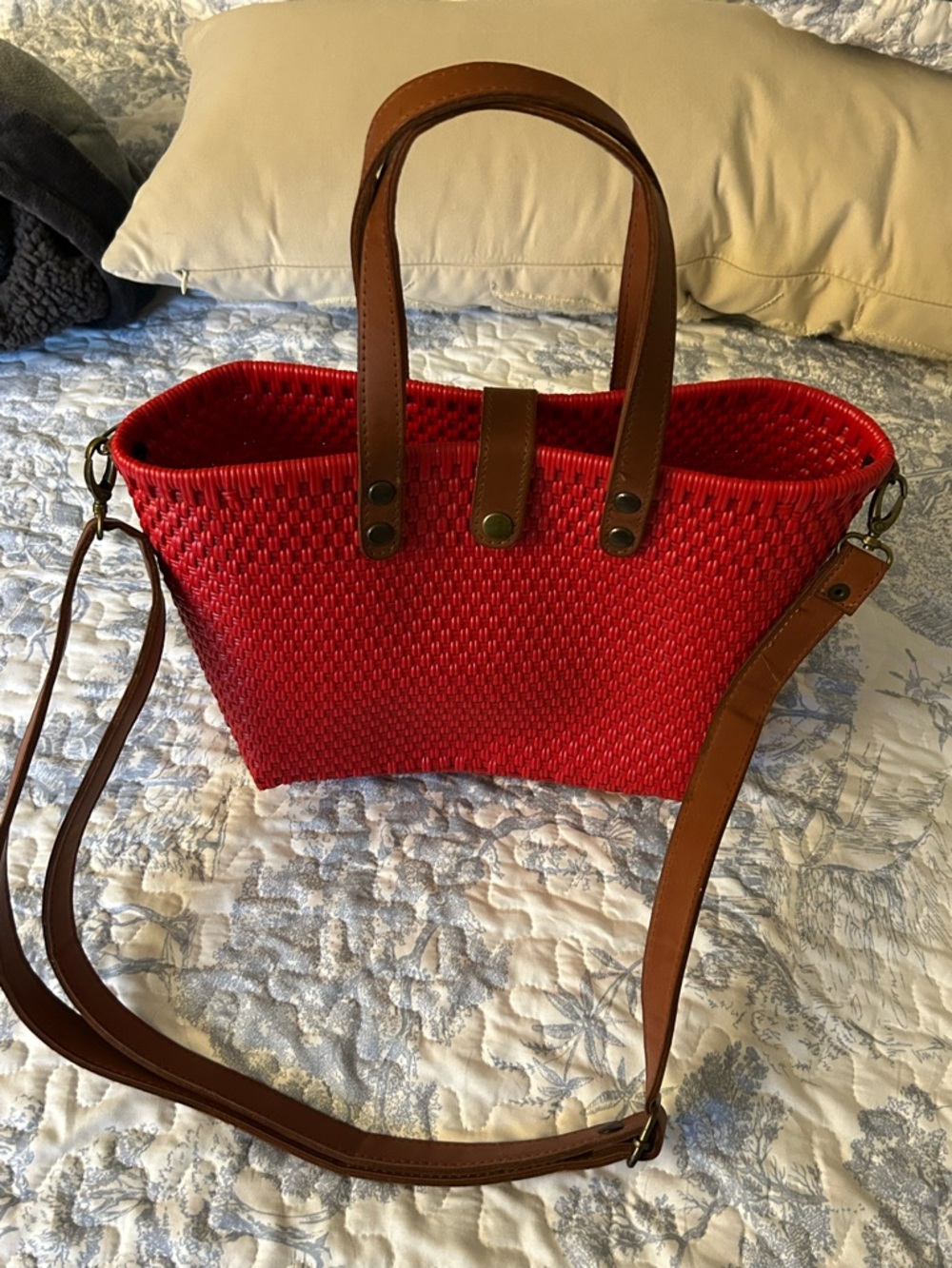 Red Woven Tote Bag with Brown Leather Straps